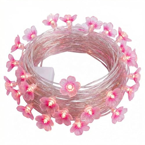 Satiskid Pink Cherry Blossom Fairy Lights, 3 Meters 30 LED Flower Fairy String Lights, Battery Operated Flower String Lights for Bedroom Decor,Valentine's Day,Wedding Party Spring Garden Indoor Decora