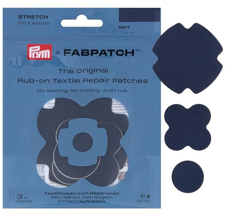 Prym 921002 FabPatch STRETCH Rub-on Patch Marine (3 Stück) – Selbstklebende bi-elastische Reparaturflicken für Sportbekleidung, Leggings, Jacken & Sneaker – Textilreparatur ohne Nähen & Bügeln