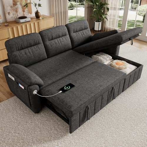 Merax Ecksofa mit Schlaffunktion und Bettkasten, L-Form Couch, 3-in-1 Schlafsofa ausziehbar mit Stauraum, wechselbarer Chaiselongue, USB Typ-C, Komfort-Armlehnen, Seitentaschen, Chenillestoff, Grau