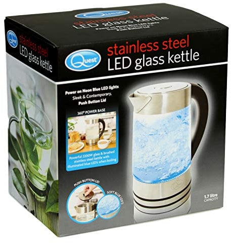 Quest 34260 1.7L Glass and Stainless-Steel Illuminating Kettle/Fast Boil 2200W / Spout Filter/Overheat Protection/Non-Slip Feet/Cord Storage/BPA Free, 2200 W, 1.7 liters,