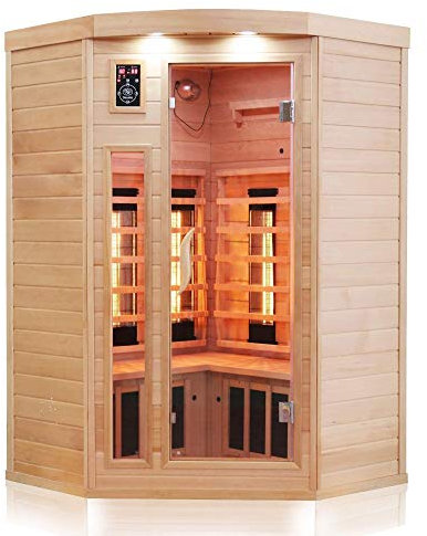 Dewello® Infrarotkabine Infrarotsauna LAKEFIELD 120cm x 120cm für 1-2 Personen aus Hemlock Holz mit Vollspektrumstrahler, LED-Farblicht, Bluetooth, FM,MP3,USB