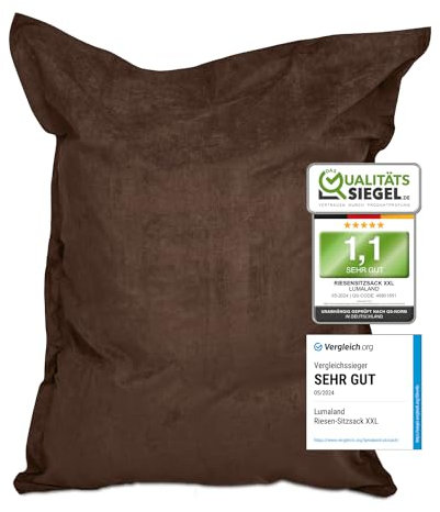 Lumaland Riesen-Sitzsack XXL 140x180cm | Indoor Bean Bag aus weichem & waschbarem Microvelours | 2-in-1- für bequemes Sitzen & Liegen | Mit über 3 Mio. anpassungsfähigen EPS-Perlen [Braun]