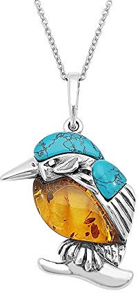 Kiara Jewellery Sterling Silber Färbiger Eisvogel Anhänger Halskette Mit Baltischen Bernstein Und Türkis Eingefasst auf 45,7 cm Sterling Silber Kette