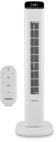 MEDION P15 TF Turmventilator mit Fernbedienung (5 Geschwindigkeitsstufen, leiser Schlafmodus, 45 Watt Leistung, Automatische 80° horizontale Oszillation, LED Display, MD10809) weiß