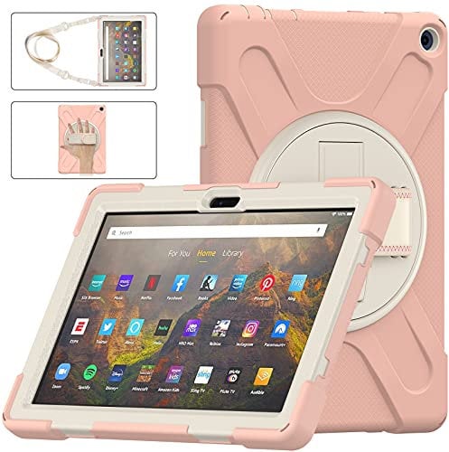 LEHEE Case for All-New Amazon Fire HD 10 & Fire HD 10 Plus Tablet(10.1,11th Generation, 2021 Release), Heavy Duty Rugged Shockproof Hard Case 360 Rotating Stand & Strap Cover, Pink