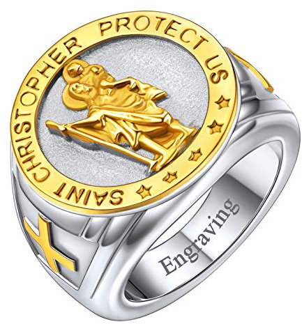FaithHeart personalisierter verpersonalisierteret Fingerring für herren Jungen Saint Christophorus Fingerring Siegelring mit Geschenkebox Siegelring für Jungen