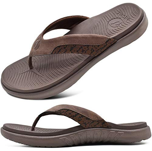 ONCAI Orthotic Flip Flops for Men,Comfort Arch Support Beach Sport Athletic Soft Thong Sandals with Yoga Foam Brown Size 9.5