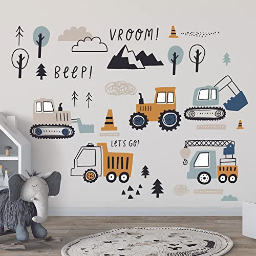 Mulaibdin 37 Stk Wandtattoo Kinderzimmer Junge Auto, Wandsticker Kinderzimmer Traktor, Deko Kinderzimmer Wandsticker, Konstruktion Bagger Tapete Kinderzimmer, Baustelle Wandaufkleber für Baby