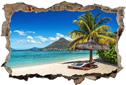 Gougeltd 3D Wandtattoo Mauerloch Wandsticker Wandaufkleber Durchbruch Strand Palmen Berge Strand Meer selbstklebend Schlafzimmer Wohnzimmer Wanddeko fürs Kinderzimmer 72x113cm
