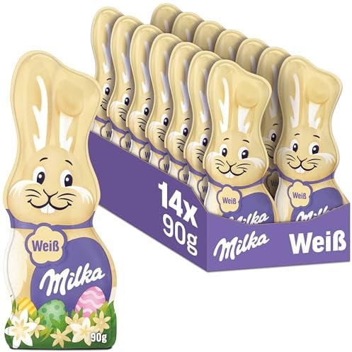 Milka Schmunzelhase Weiß 14 x 90g I Osterschokolade Großpackung I Weiße Osterhasen Schokolade aus 100% Alpenmilch