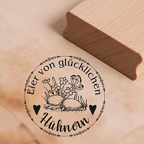 Stamp Eggs of Happy Chickens - Egg Nest with Butterfly and Flowers - Motif Stamp for Egg Carton Egg Packaging Egg Box - Approx. 68 x 68 mm