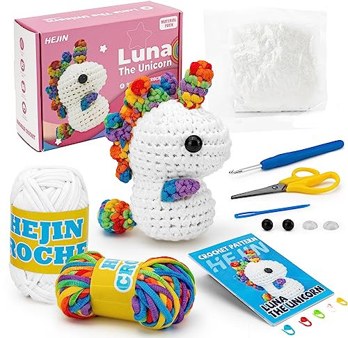 Häkelset für Anfänger, Einhorn-Häkelsets für Kinder und Erwachsene, inklusive Regenbogengarn, Video-Tutorials, Augen und Häkelnadel, Häkeltier-Set, Anfänger-Häkelset, Geschenk für Geburtstage