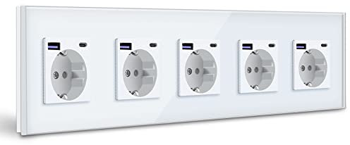 BSEED Schuko Steckdose mit USB C 20W Schnellladegerät USB Type C Wandsteckdose mit Glas Panel, 5 Fach Steckdose, USB Steckdose Unterputz, Einbausteckdose Geeignet für Phone, Pad, MP3 und mehr-Weiß