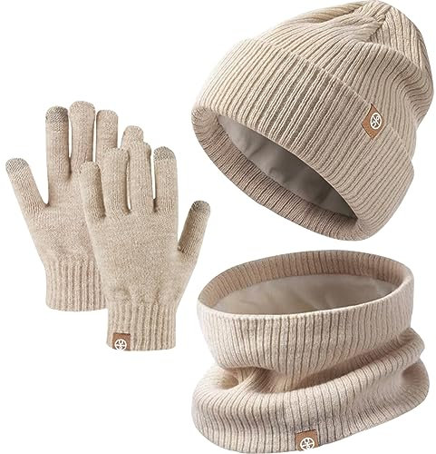 Winter Beanie Hut, Schal und Handschuhe Set - Kinder Wintermütze für 5-12 Jahre - Warme Mütze, Touchscreen Handschuhe, Runder Schal (Khaki)