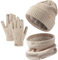 Winter Beanie Hut, Schal und Handschuhe Set - Kinder Wintermütze für 5-12 Jahre - Warme Mütze, Touchscreen Handschuhe, Runder Schal (Khaki)