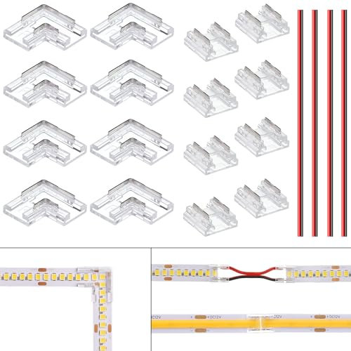 BENLUIN 2 Polig 10mm LED Streifen Verbinder 8 Stück L-förmige Eckverbinder und 8 Stück Strip zu Strip Verbindungsstücke für ohne Löten 12V 24V COB SMD LED Band Strip