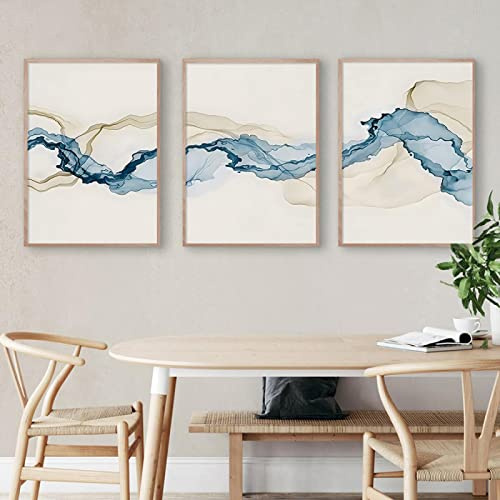 LUISAS Triptyque Moderne Abstrait Beige Bleu Affiches Mur Art Toile Peinture Minimaliste Imprimer Photos Salon Intérieur Décor 20x28inch(50x70cm) x3 Pas de cadre