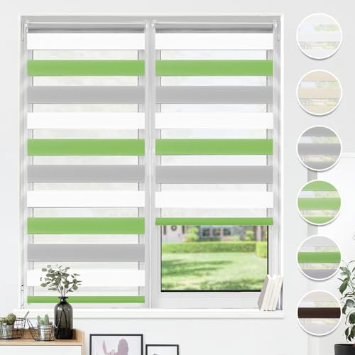 HOMEDEMO Store Enrouleur Jour Nuit sans Perçage, Double Tissu avec Clips, Rideau Occultant pour Fenêtre & Porte, 40 x 130 cm (Largeur du Tissu 36 cm), Vert-Gris-Blanc