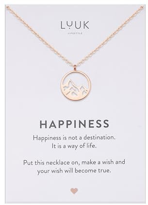 LUUK LIFESTYLE Feminine Halskette mit Berg I Mountain Peak Coin Anhänger und HAPPINESS Spruchkarte, Geschenkidee für Frauen zum Geburtstag, alltagstaugliches Modeaccessoire für Frauen, Rosa
