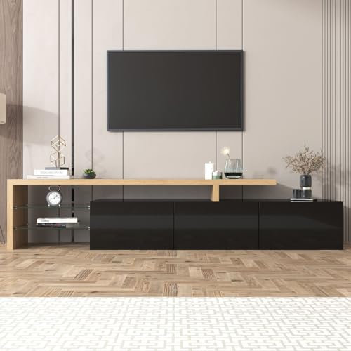 KOMHTOM Meuble TV blanc et noir avec LED, buffet avec 3 portes et 2 étagères en verre, armoire multifonction pour salon et chambre à coucher, noir