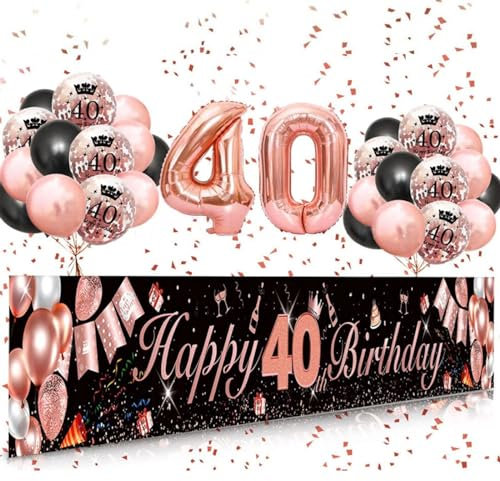 40th Birthday Party Decorations Pack Rose Gold & Black - Foil Number Balloons Happy Birthday Banner Set
