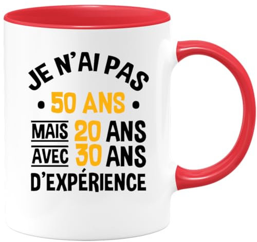 quotedazur Café-Croissant - Mug Personnalisé Humour Anniversaire Cinquante Ans - Je N'Ai Pas 50 Ans Mais De L'Expérience - Cadeau Noël Original Cinquentenaire Tasse 1975 Homme Femme - Rouge/Céramique