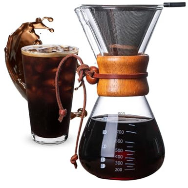 Pour Over - Cafetera de café para verter sobre cristal, mango de madera aislado, filtro permanente reutilizable de acero inoxidable, cafetera de goteo de mano sin papel (28oz/800 ml)