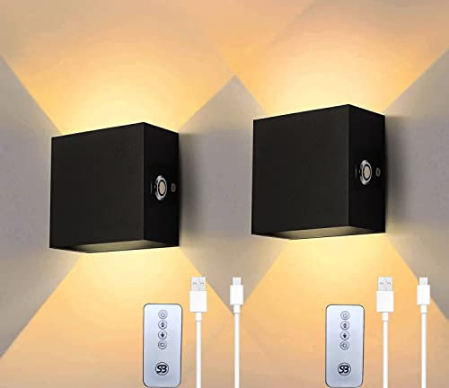 Wandleuchte Innen 2 Stück, Wandlampe Ohne Stromanschluss und Bohren, Dimmbar Wandleuchten mit Akku, Touch Control für Schlafzimmer Treppen Badezimmer Wohnzimmer (Schwarz, Warmweiß mit Fernbedienung)