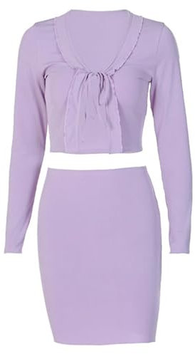 Set da donna da 2 pezzi, a coste, solido, maniche lunghe, volant, lacci, top senza pancia, minigonna, Lilla, S-L