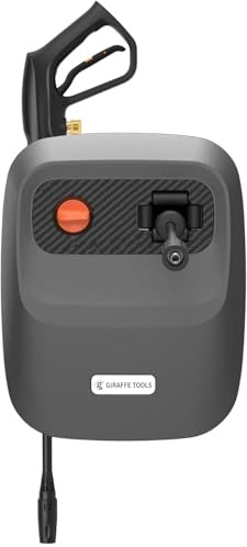 Giraffe Tools Nettoyeur haute pression monté, max 16,5 MPa, 2,4 GPM, nettoyeur haute pression électrique mural avec tuyau rétractable de 20 m, canon à mousse de 500 ml, buse rotative de 0 ° à 40 °