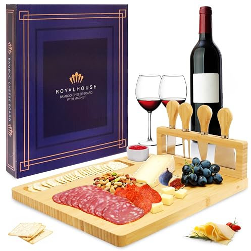 RoyalHouse Set di tagliere e coltello in bambù con supporto magnetico, vassoio da portata per cracker, carne e vino, regalo di anniversario e matrimonio