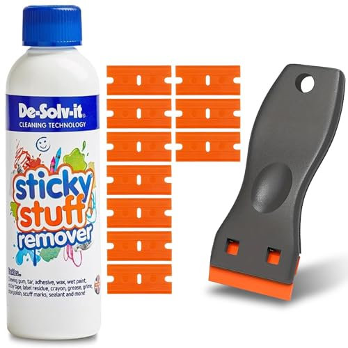 Sticky Stuff Remover Kit 1 pack (250ml) De Solv It Sticky Remover Bottle with Scraper Cleaning Tool - Adhesive Remover, Sticky Label Remover, Sticker Remover and Glue Residue Remover
