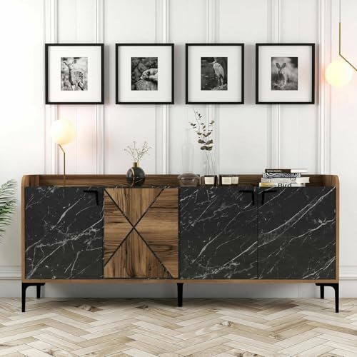 Dmora - Kommode Erythros, Wohnzimmerbuffet, Wohnzimmer-Sideboard, Moderne Küchen-Speisekammer, 180x35 h79 cm, Walnuss und Schwarz