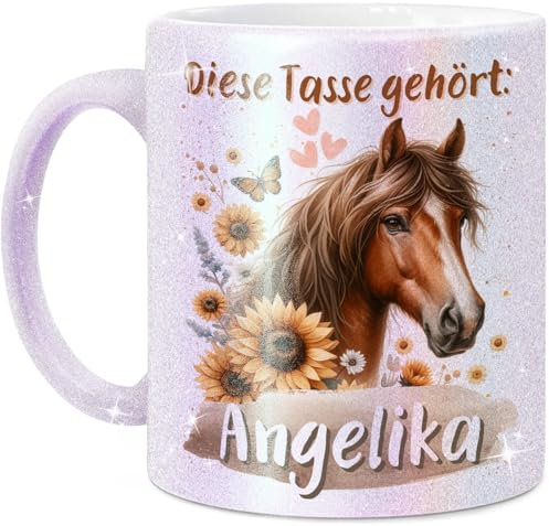 Tassenliebling® Glitzer Tasse Pferd personalisiert - Kindertasse mit Namen für Mädchen - Pferdemädchen - Perlmutt - Personalisierte Geschenke Kinder - Kinderbecher aus Keramik 330ml