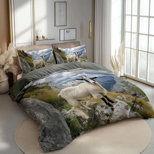 Bettbezug Tier Ziege Berge Bettwäsche Sets Microfaser Bettbezug Weiß Grau Bügelfrei & Knitterfrei Deckenbezug 135 X 200 cm Mit Reißverschluss Und 2 Kissenbezug 80X80 cm