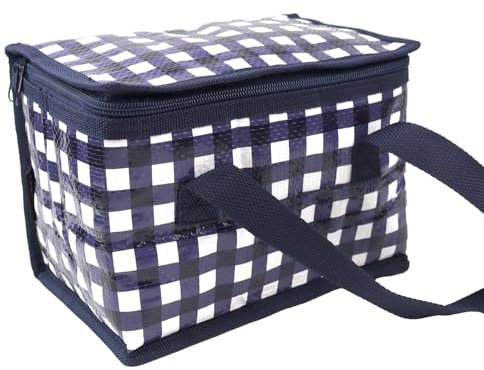 Fashion Stationery Lunch Bag Insulated Cooler Kids Adults Folding Reusable Pack Lunch Bags for Girls Boys Kids Picnic Bag Gingham Navy Blue and White