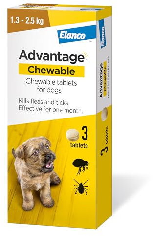 Advantage Chewable 56mg Chewable Tablets for Dogs 1.3-2.5kg (3 pack), Flea and Tick Treatment, Fast Acting Kills Fleas Within Hours, Prevention Lasts For A Month, Easy To Administer