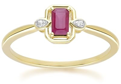 Klassischer Rubin Baguette und Diamant Ring aus 9 Karat Gelbgold Größe: 55