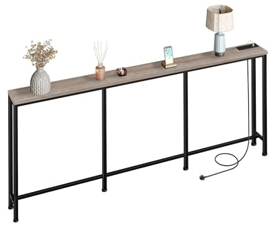 CHOEZON 200 cm Narrow Console Table with Power Outlet, 18 cm Skinny Sofa Table, Long Behind Couch Table with Charging Station, Greige and Black DTXG20KBG