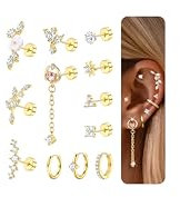 Dochais 12Pcs Helix Piercings Chirurgenstahl Ohrringe Piercing Set Ohrpiercing CZ Ohrstecker Klein Ohrringe Creolen Gold Knorpel Cartilage Conch Tragus Rook Piercing Ohr Schmuck 18G für Damen