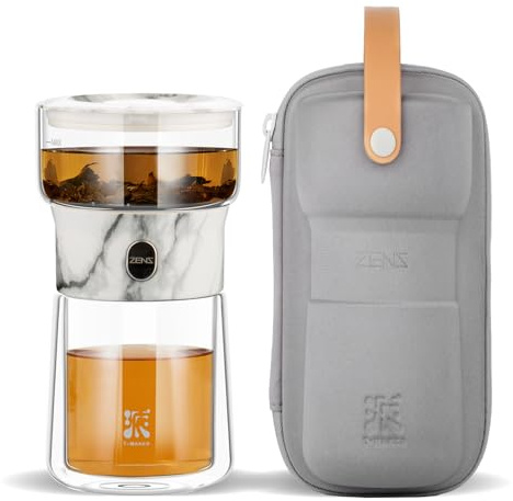 ZENS Klein Teezubereiter für Losen Tee,One-Touch Magic Teapot 200ml, Marmor | Glas Teekanne mit siebeinsatz, Solo Tea Maker mit Isolierter Tasse & Tragetasche, Teeliebhaber Geschenke
