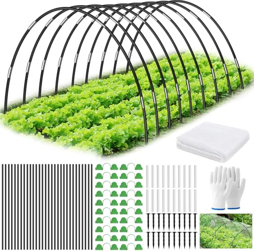 ANOMM Greenhouse Hoops for Raised Beds, 30PCS Garden Hoops for Netting with 20 Clips & Connect Tubes & Ground Pegs, Glove & 3 * 10M Netting, DIY Detachable Fiberglass Support Hoops for Outdoor Plant