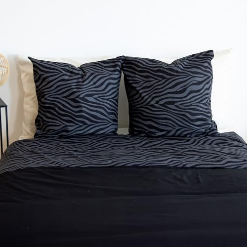 CÔTE DECO Bettwäsche, 220 x 240 cm, für Erwachsene, Zebramuster, Schwarz, Baumwolle, 3-teilig | 1 Bettbezug für Erwachsene, 220 x 240 cm + 2 Kopfkissenbezüge 63 x 63 cm
