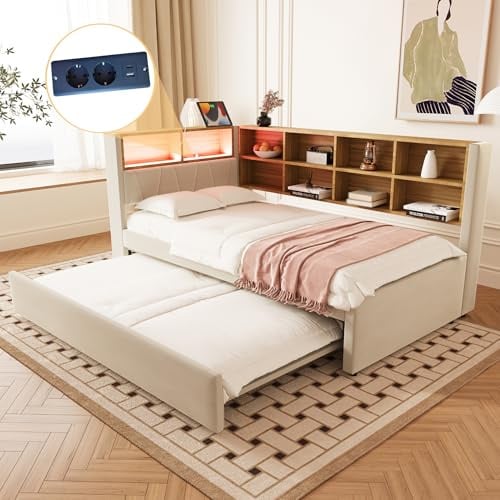 Merax Schlafsofa 90x200 cm, mit Ausziehbett 90x190 cm, LED-Leuchten, Steckdosen & USB/Type-C-Anschlüssen, Polsterbett mit viel Stauraum & Ablagefächern, Flanellbezug, Beige (ohne Matratze)
