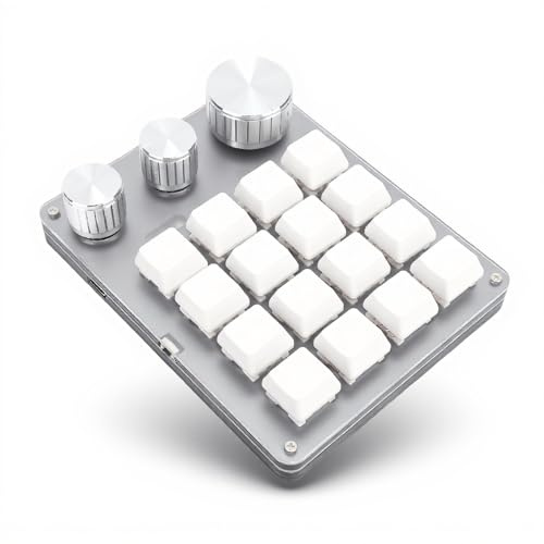 YUEHISY Programmable Macro Pad, 16 Custom Keys & 3 Knobs Mechanical Red Switches Wired Shortcut Keyboard, for Graphics, Video Editing, OBS (White)