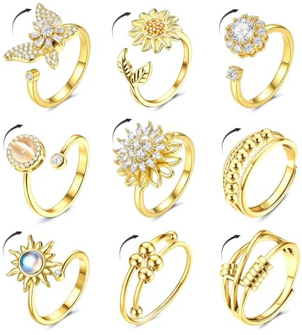 MILACOLATO 14K Gold Plated Fidget Ring for Women Adjustable Anxiety Rings Open CZ Butterfly Sunflower Bead Spinner Rings for Anxiety Stress Relief G