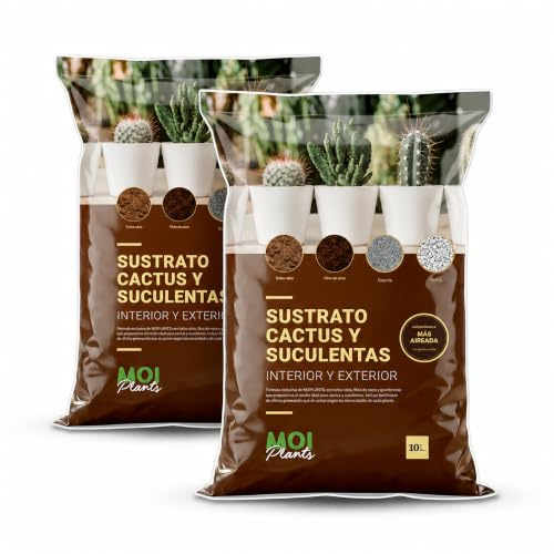 MOIPLANTS Pack 2 Sustrato Premium para Cactus y Suculentas 2x10L | Tierra para Cactus, Crasas y Plantas de Bajo Riego | con Turba Rubia, Fibra de Coco, Granito y Perlita para Aireación y Drenaje