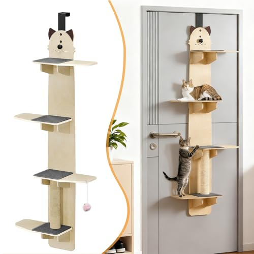 Door Hanging Cat Shelf, 4-Tiers Vertical Cat Tree Over The Door, Over Door Cats Climber with Kitten Scratching Post, Pads, Tease Ball,Doors Cats Ladder for Indoor Kittens Jumping 170cm