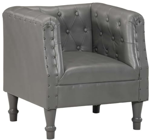YUOTYRKTEJRSG Chaise Cabriolet en Cuir Véritable Gris, Fauteuil de Salon Confortable en Cuir de Chèvre avec Accoudoirs Courbés et Rembourrage Épais, Design Vintage Industriel pour Salon et Bureau
