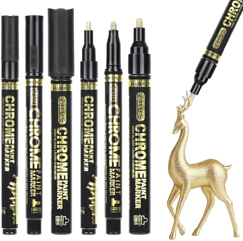 6 pennarelli cromati per vernice, 0,7 – 1/2/3 mm, colore oro metallizzato, a base di olio, set di pennarelli cromati, metallici, impermeabili, riflettenti, per plastica, metallo, vetro Keram